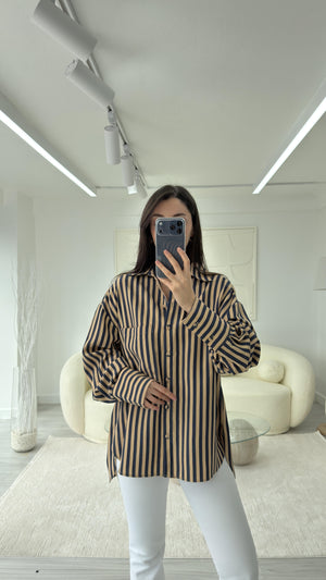 CAMEL LACİVERT ÇİZGİLİ GÖMLEK