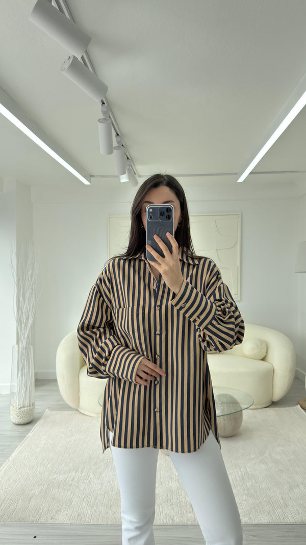 CAMEL LACİVERT ÇİZGİLİ GÖMLEK
