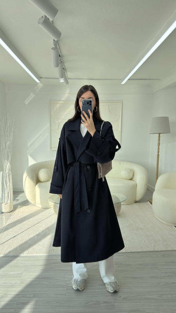 LACİVERT OVERSIZE UZUN TRENÇKOT