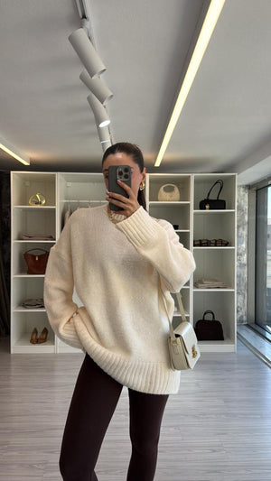 KREM OVERSIZE BİSİKLET YAKA KAZAK