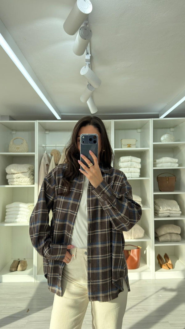 KAHVERENGİ OVERSIZE EKOSELİ ODUNCU GÖMLEK