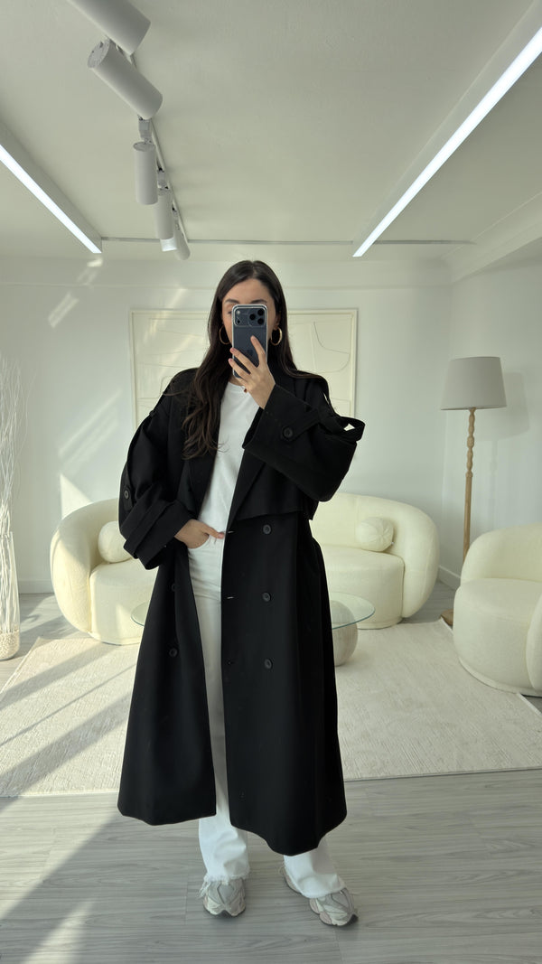 SİYAH OVERSIZE UZUN TRENÇKOT