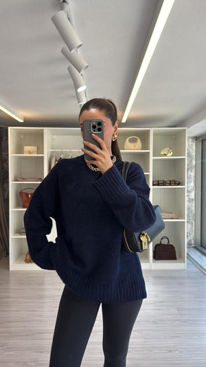 LACİVERT OVERSIZE BİSİKLET YAKA KAZAK