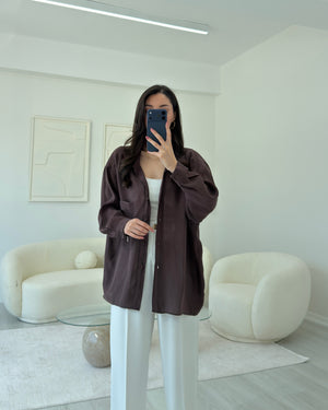 VİNTAGE KAHVERENGİ OVERSIZE TENSEL GÖMLEK