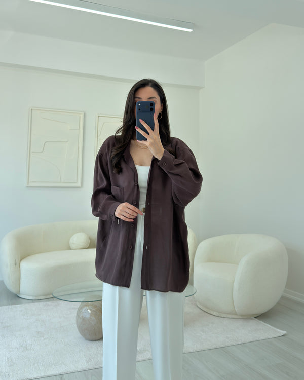 VİNTAGE KAHVERENGİ OVERSIZE TENSEL GÖMLEK