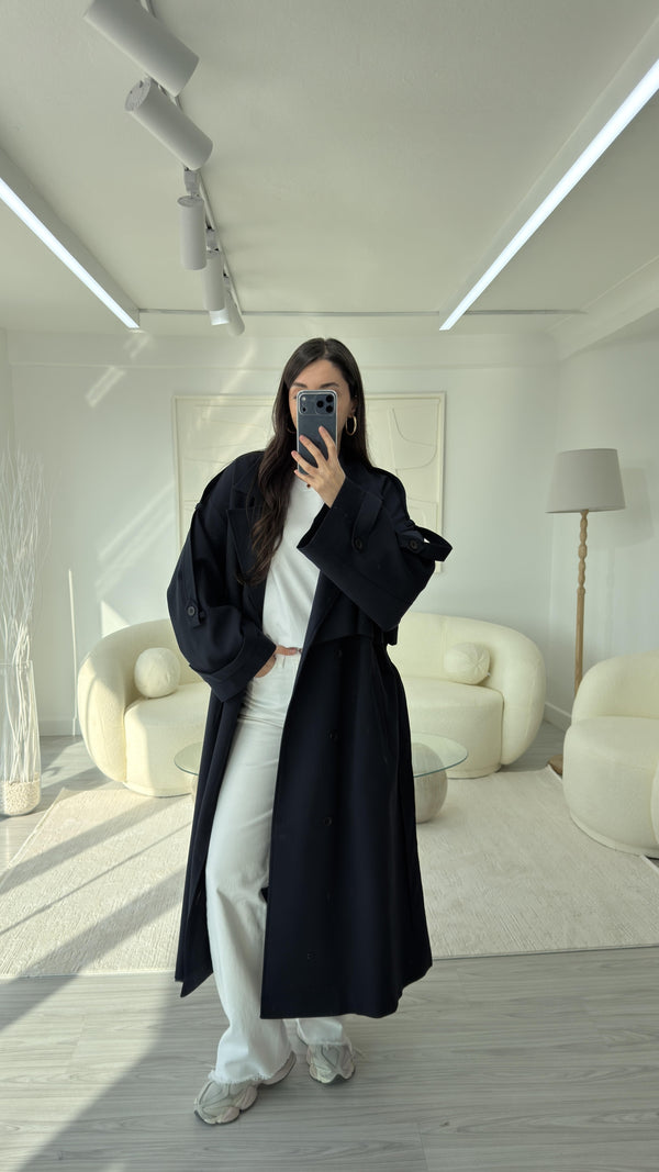 LACİVERT OVERSIZE UZUN TRENÇKOT