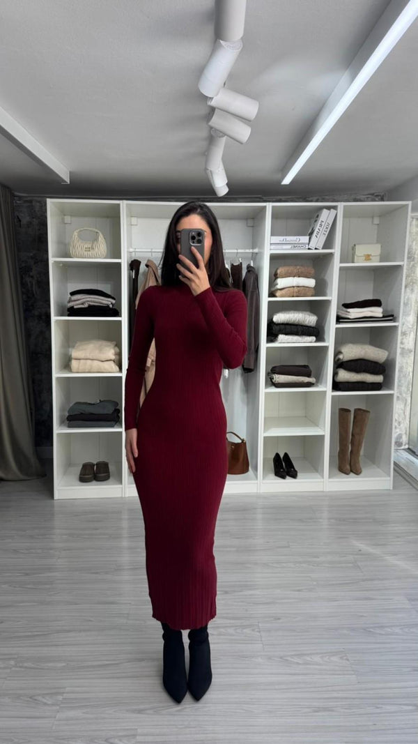 BORDO YARIM BALIKÇI MİDİ TRİKO ELBİSE