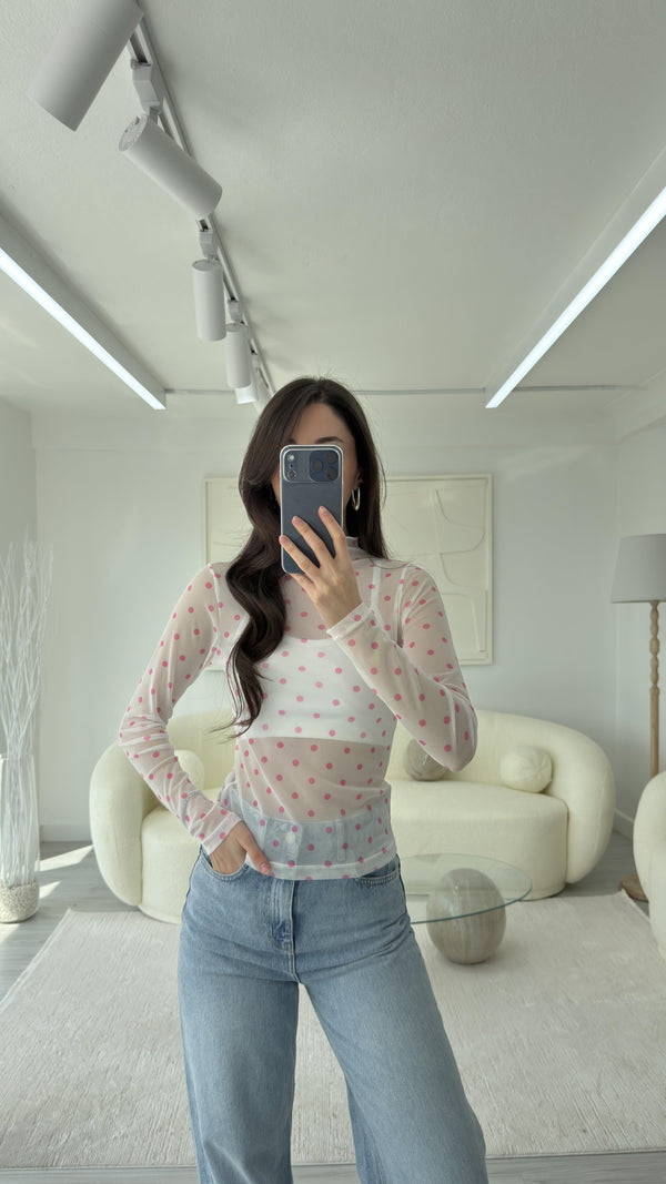 PEMBE PUANTİYE DESEN TRANSPARAN BLUZ