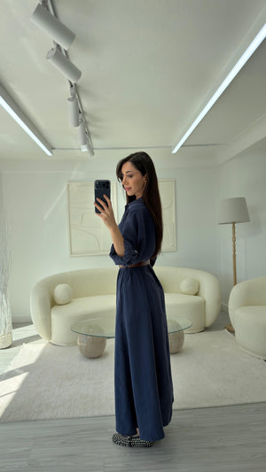 LACİVERT KEMERLİ GÖMLEK ELBİSE