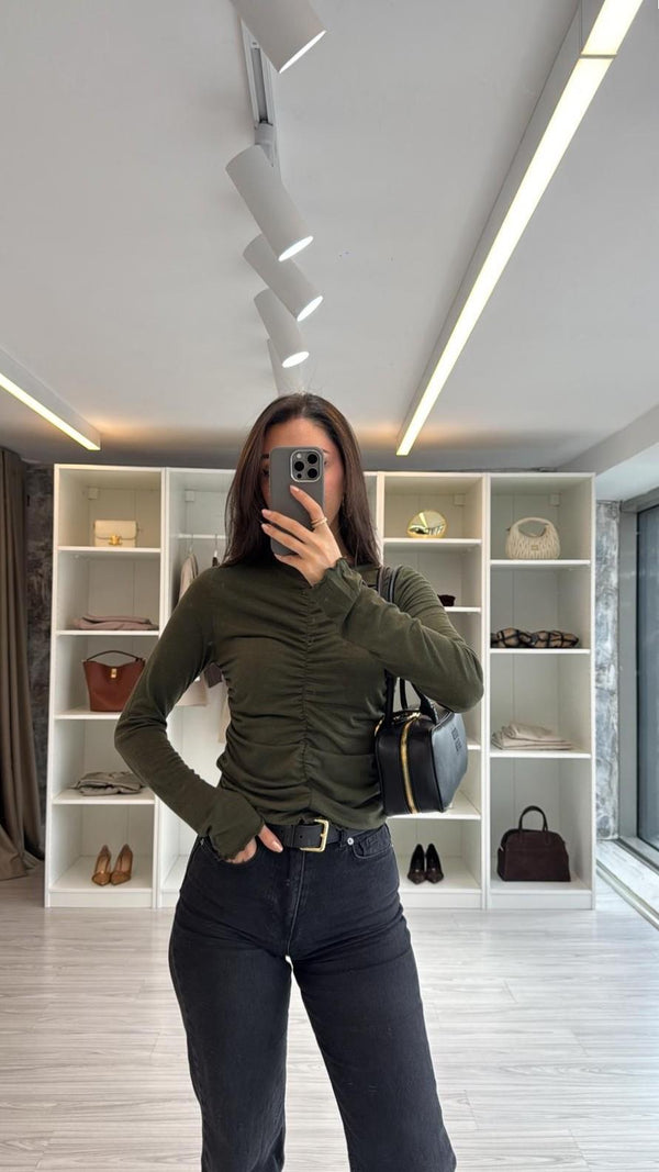 HAKİ BÜZGÜ DETAYLI BLUZ