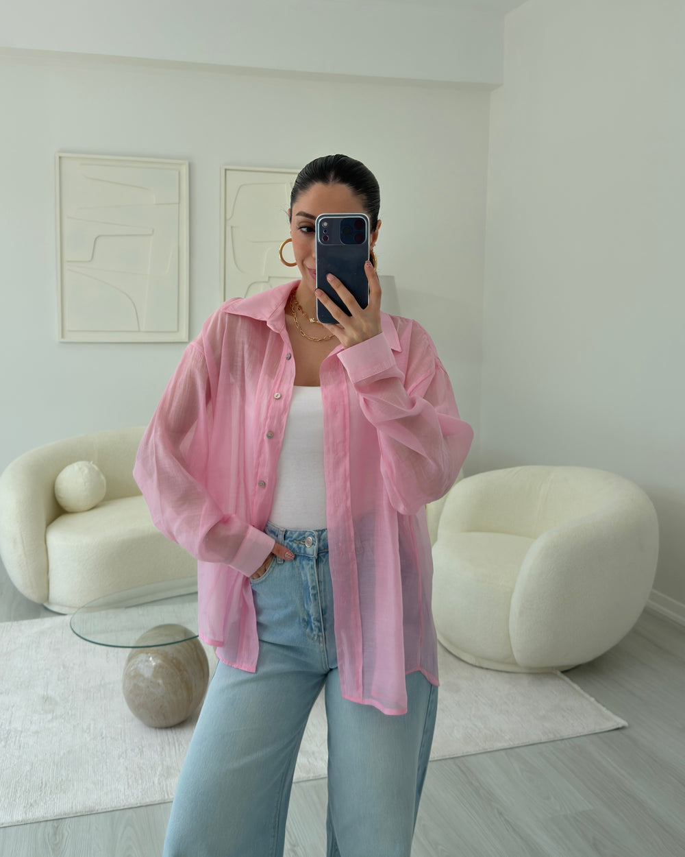 PEMBE İPEKSİ TRANSPARAN GÖMLEK