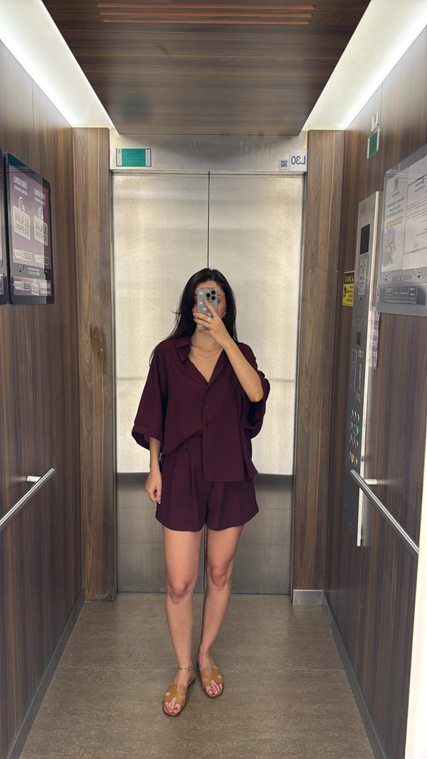 BORDO KEMERLİ KETEN ŞORT TAKIM